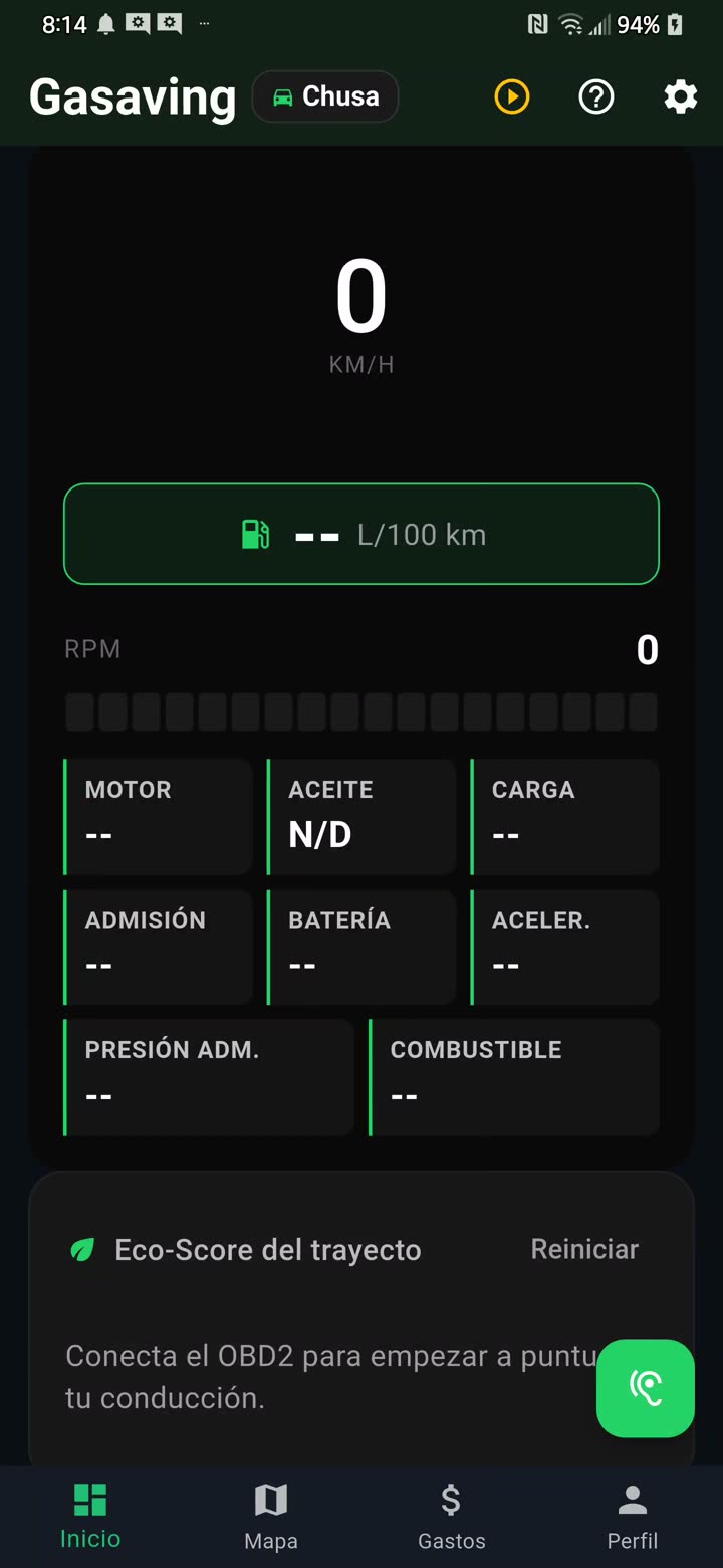 La pantalla principal de Gasaving: velocidad, consumo, revoluciones y estado del motor